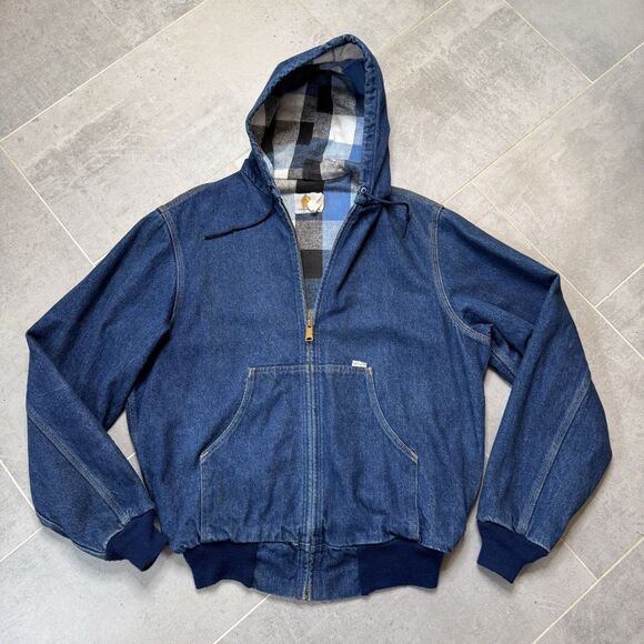 Carhartt JF858 Vintage Blue Denim Flannel Lined Hooded Jacket USA Made L Tall - Picture 1 of 15